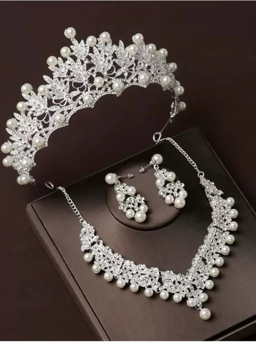 Silver Pearl & Crystal Bridal Tiara Necklace Earring Set